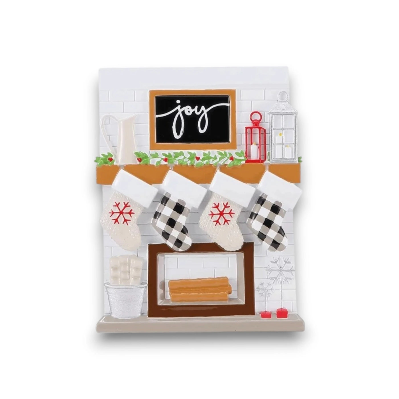 Personalized Fireplace Mantle Family of 4 Christmas Ornament with four customizable stockings, featuring a holiday-themed mantle with decorative accents.