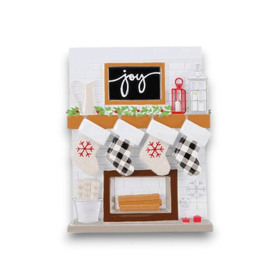 Personalized Fireplace Mantle Family of 4 Christmas Ornament with four customizable stockings, featuring a holiday-themed mantle with decorative accents.