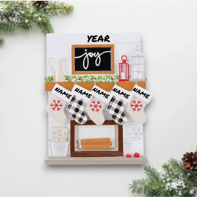 Personalized Fireplace Mantle Family of 5 Christmas Ornament with five customizable stockings and festive decor.