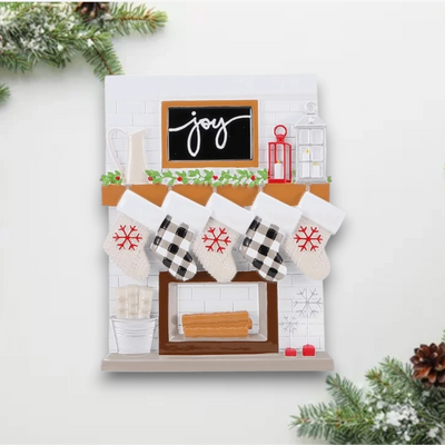 Personalized Fireplace Mantle Family of 5 Christmas Ornament with five customizable stockings and festive decor.