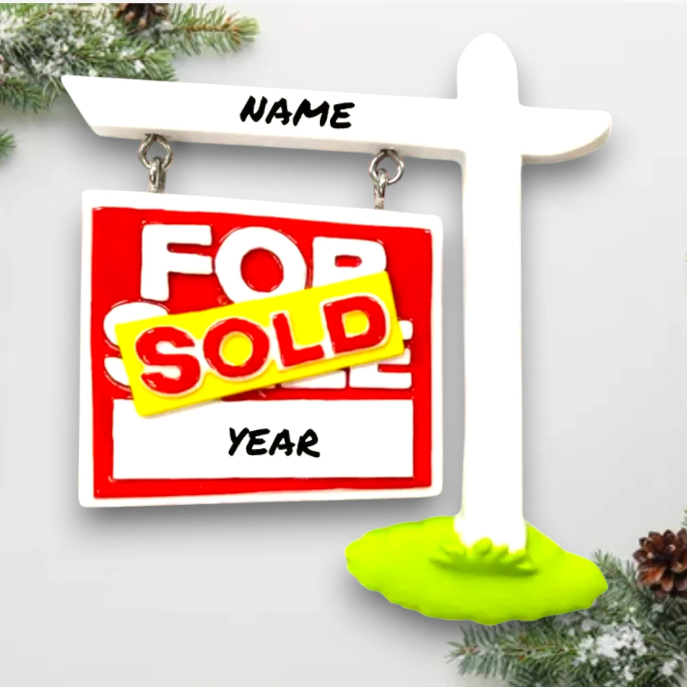 Personalized For Sale Sold Sign Christmas Ornament featuring a classic red and white sold sign, customizable with name and year.