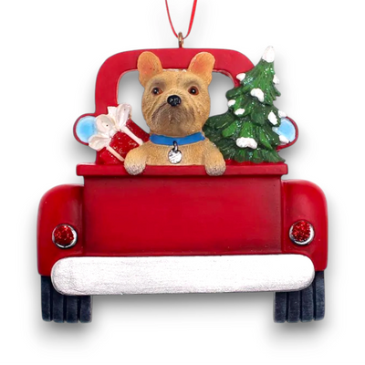 Personalized French Bulldog In Back Of Truck Christmas Ornament featuring a French Bulldog, Christmas tree, and holiday presents in a red truck with customizable name and year.