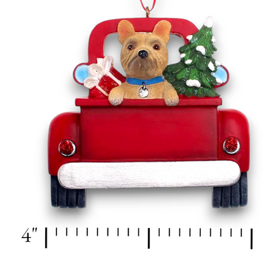 Personalized French Bulldog In Back Of Truck Christmas Ornament featuring a French Bulldog, Christmas tree, and holiday presents in a red truck with customizable name and year.