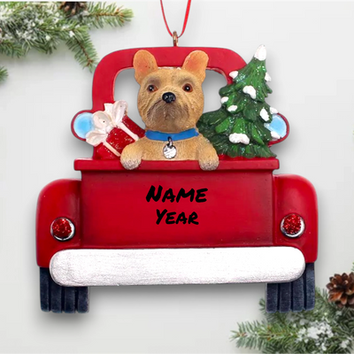 Personalized French Bulldog In Back Of Truck Christmas Ornament featuring a French Bulldog, Christmas tree, and holiday presents in a red truck with customizable name and year.