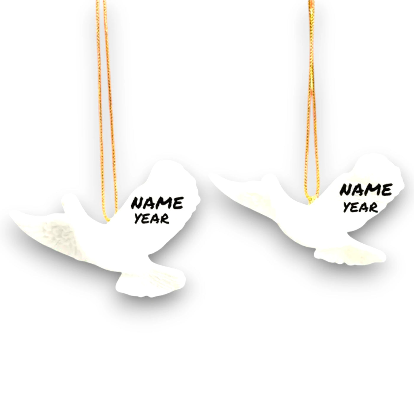 Personalized Friendship Dove Christmas Ornament featuring two white doves with detailed wings and a golden hanging string.
