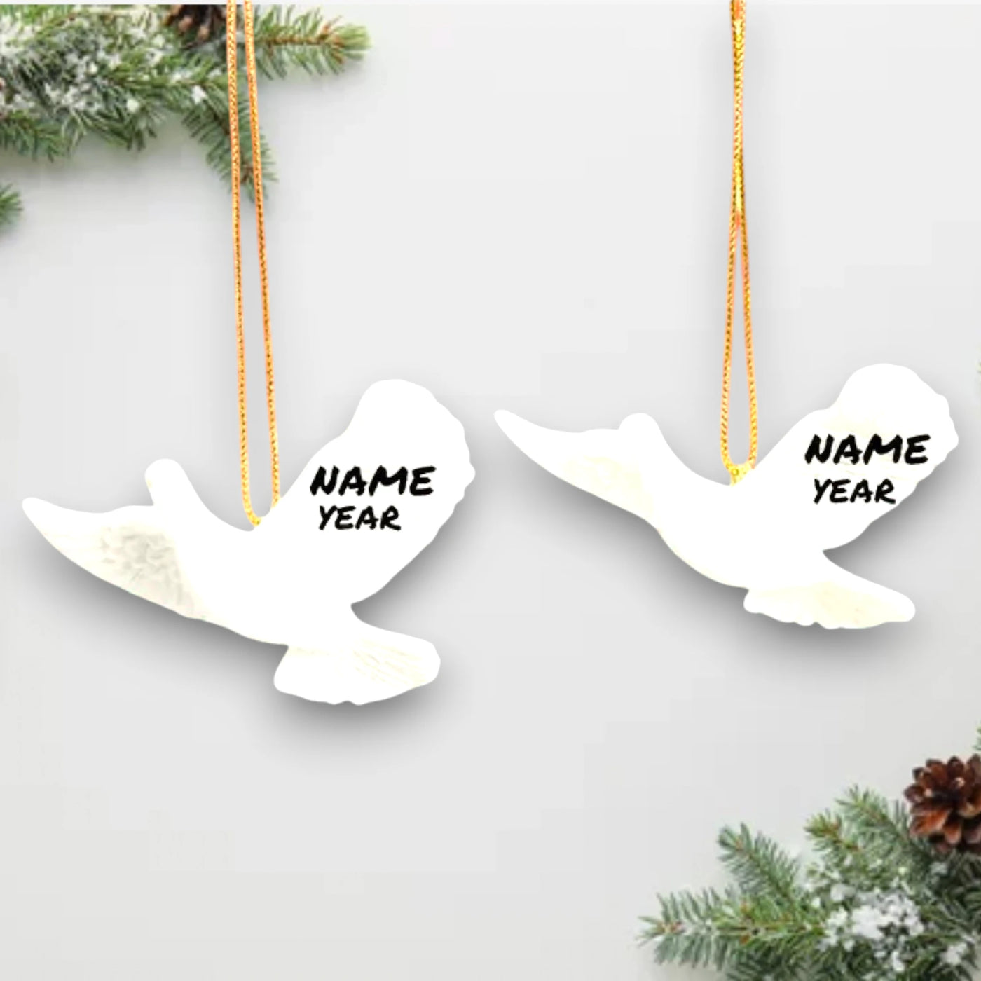 Personalized Friendship Dove Christmas Ornament featuring two white doves with detailed wings and a golden hanging string.
