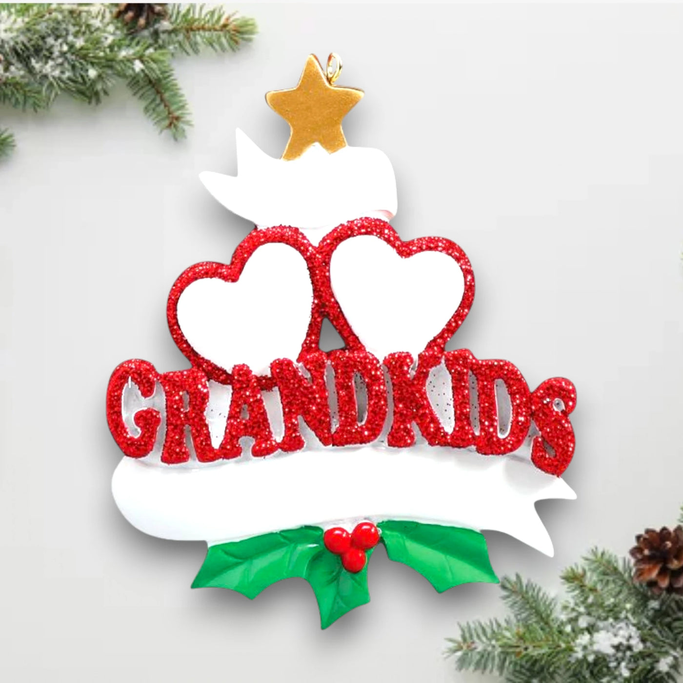 Personalized Grandkid Hearts 2 Christmas Ornament featuring two glittery red hearts, customizable names, and a “Grandkids” design with holly and a golden star.