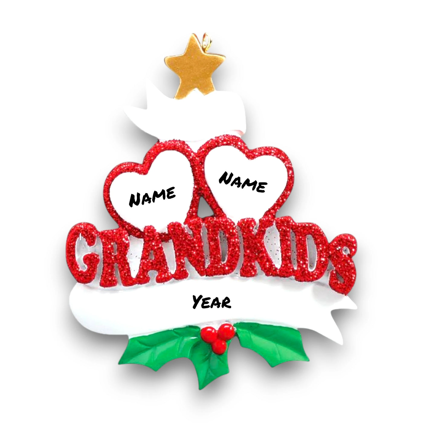 Personalized Grandkid Hearts 2 Christmas Ornament featuring two glittery red hearts, customizable names, and a “Grandkids” design with holly and a golden star.