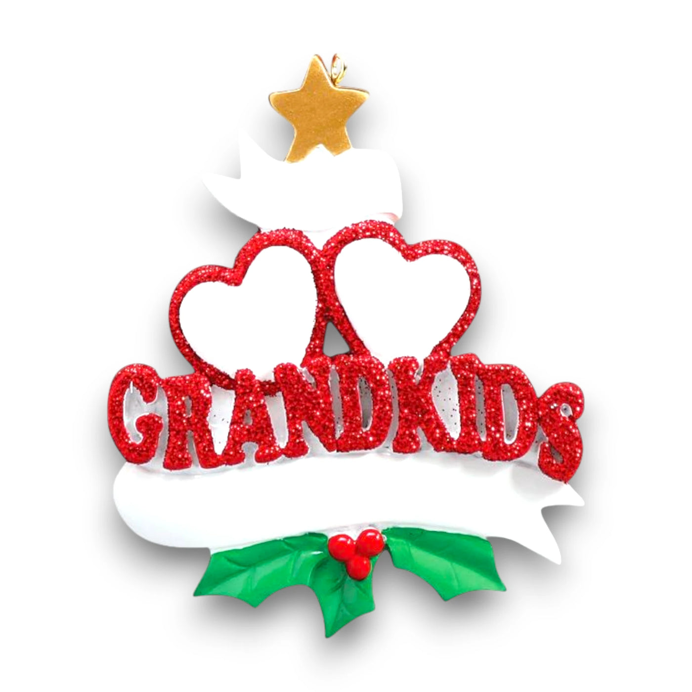 Personalized Grandkid Hearts 2 Christmas Ornament featuring two glittery red hearts, customizable names, and a “Grandkids” design with holly and a golden star.