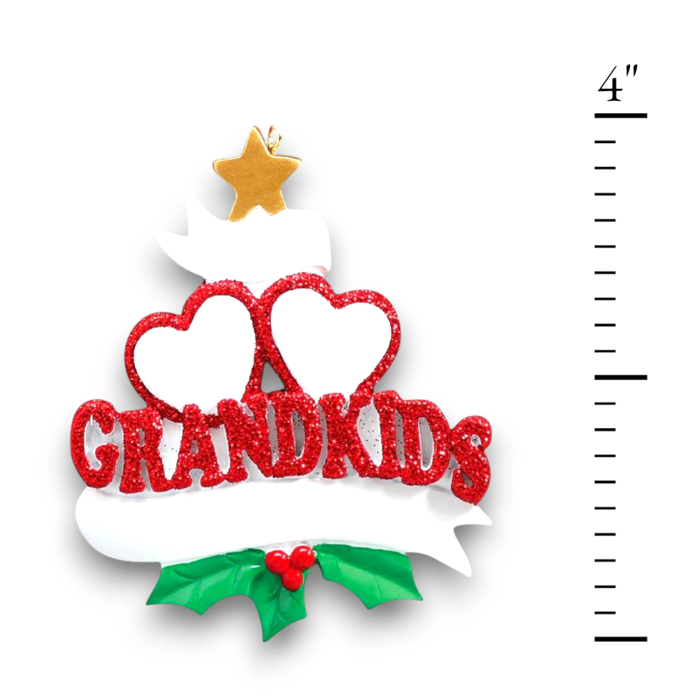 Personalized Grandkid Hearts 2 Christmas Ornament featuring two glittery red hearts, customizable names, and a “Grandkids” design with holly and a golden star.