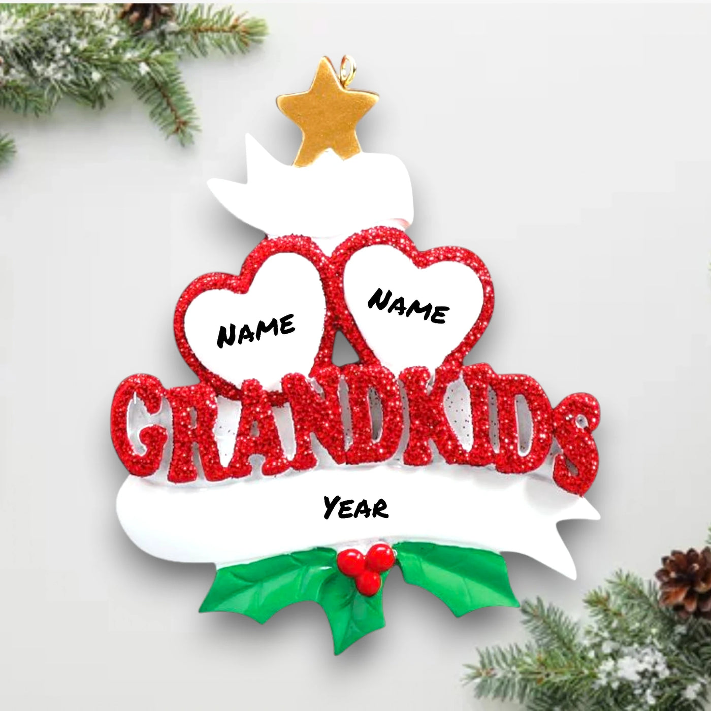 Personalized Grandkid Hearts 2 Christmas Ornament featuring two glittery red hearts, customizable names, and a “Grandkids” design with holly and a golden star.