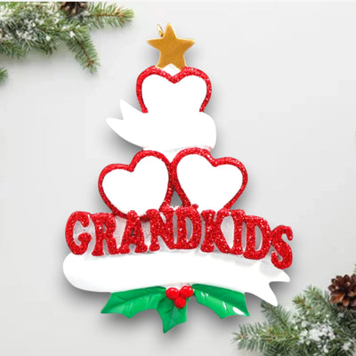 Personalized Grandkid Hearts 3 Christmas Ornament featuring three glittery red hearts, customizable names, and a “Grandkids” design with holly and a golden star.