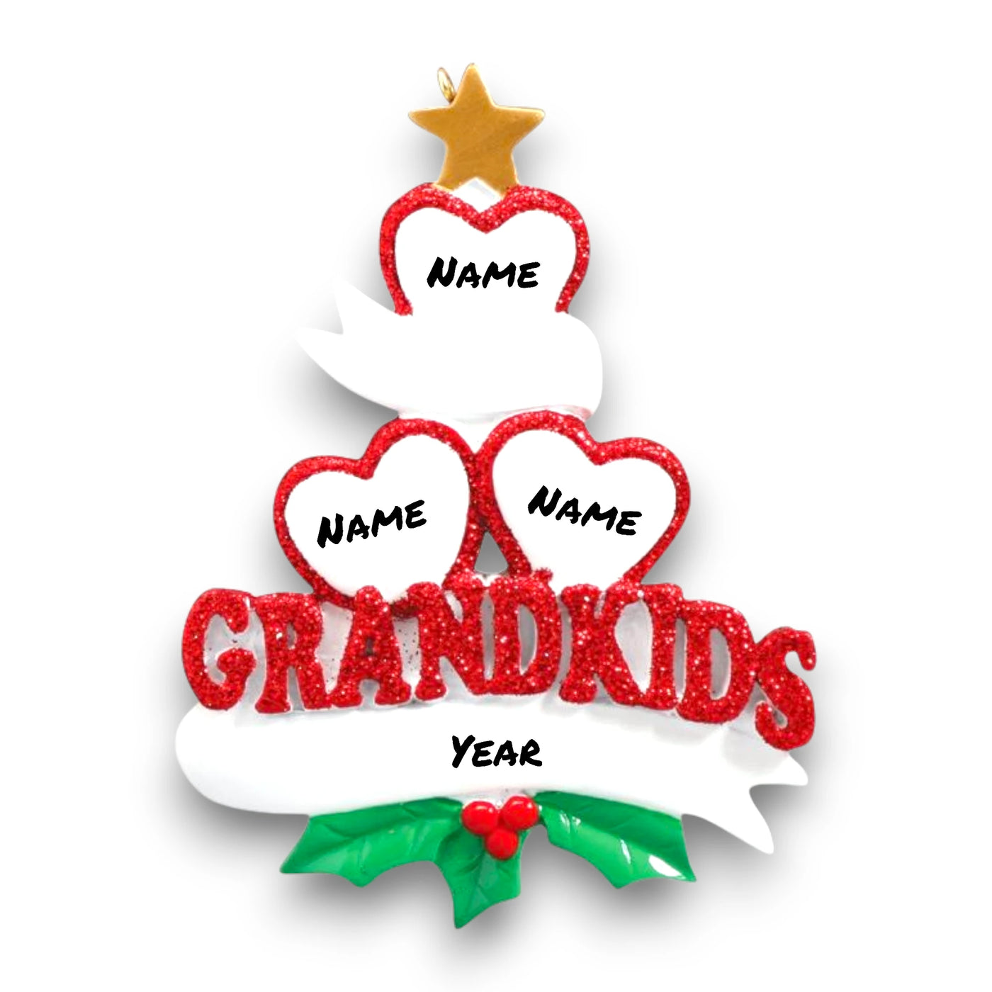 Personalized Grandkid Hearts 3 Christmas Ornament featuring three glittery red hearts, customizable names, and a “Grandkids” design with holly and a golden star.