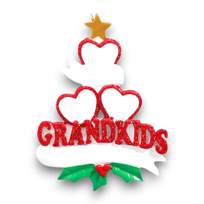 Personalized Grandkid Hearts 3 Christmas Ornament featuring three glittery red hearts, customizable names, and a “Grandkids” design with holly and a golden star.