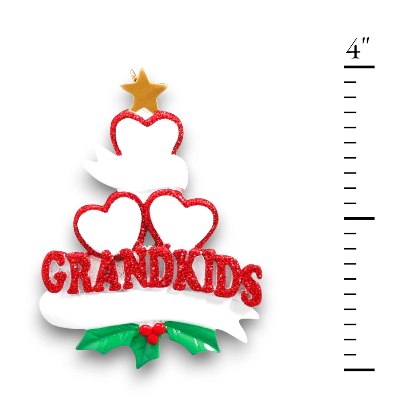 Personalized Grandkid Hearts 3 Christmas Ornament featuring three glittery red hearts, customizable names, and a “Grandkids” design with holly and a golden star.