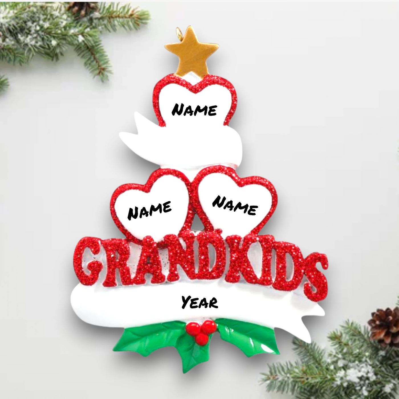 Personalized Grandkid Hearts 3 Christmas Ornament featuring three glittery red hearts, customizable names, and a “Grandkids” design with holly and a golden star.