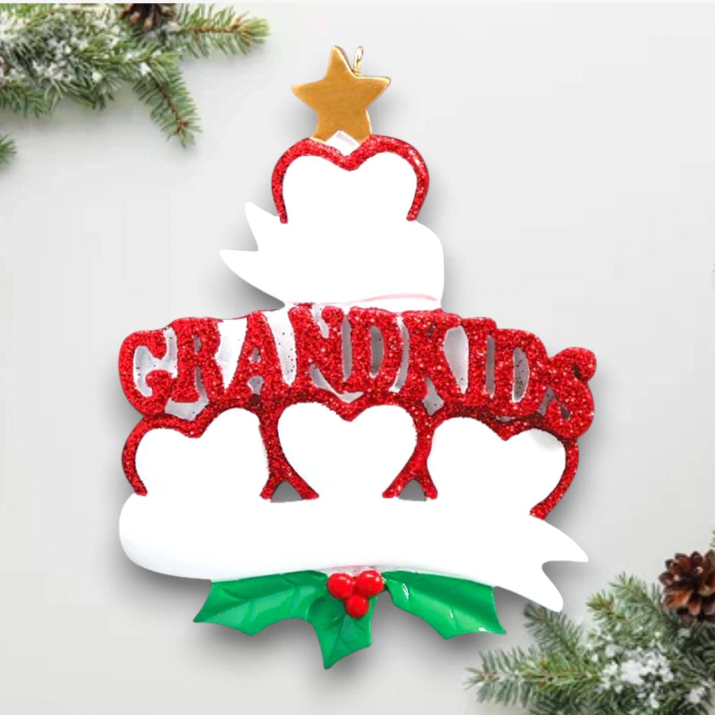 Personalized Grandkid Hearts 4 Christmas Ornament showcasing four glittery red hearts, customizable with names, and a “Grandkids” design with holly and a golden star.