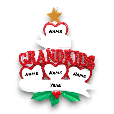 Personalized Grandkid Hearts 4 Christmas Ornament showcasing four glittery red hearts, customizable with names, and a “Grandkids” design with holly and a golden star.