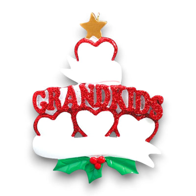 Personalized Grandkid Hearts 4 Christmas Ornament showcasing four glittery red hearts, customizable with names, and a “Grandkids” design with holly and a golden star.