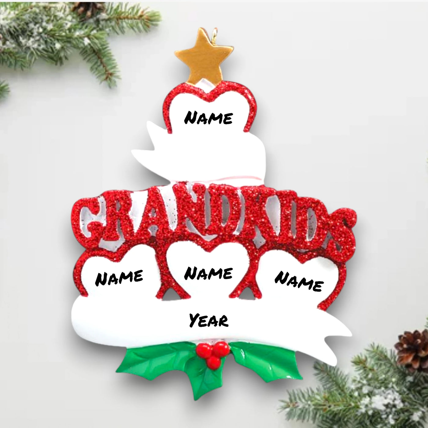 Personalized Grandkid Hearts 4 Christmas Ornament showcasing four glittery red hearts, customizable with names, and a “Grandkids” design with holly and a golden star.