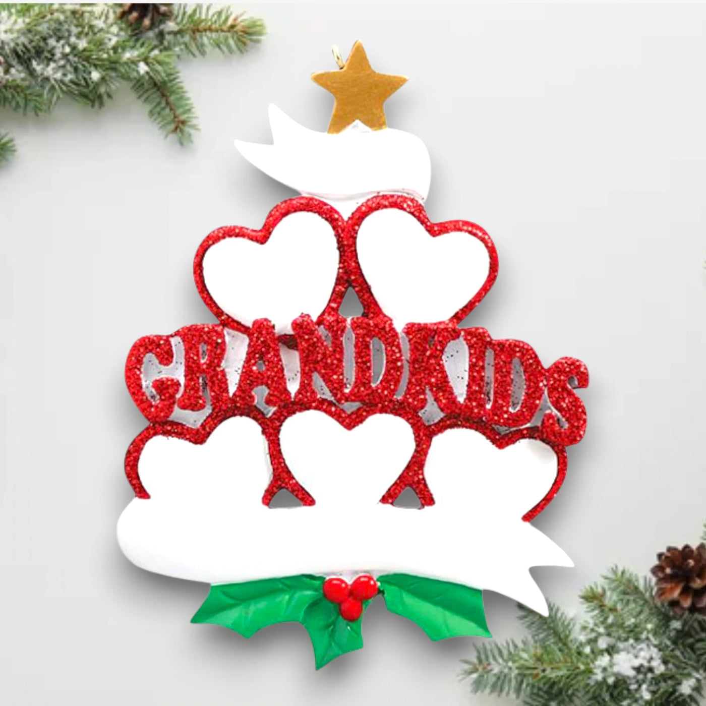 Personalized Grandkid Hearts 5 Christmas Ornament featuring five glittery red hearts, customizable with names, and “Grandkids” in bold glittery letters with holly and a golden star.