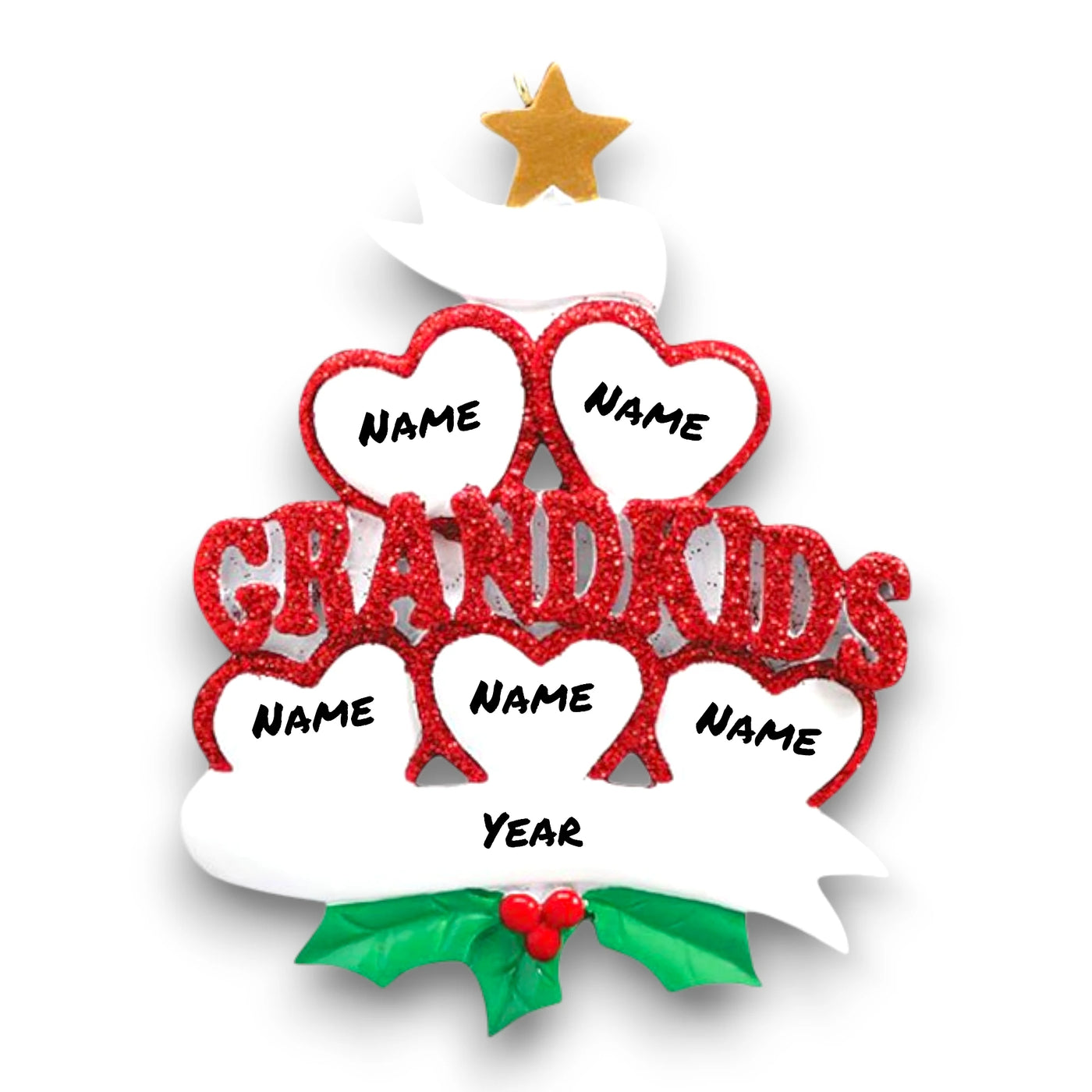 Personalized Grandkid Hearts 5 Christmas Ornament featuring five glittery red hearts, customizable with names, and “Grandkids” in bold glittery letters with holly and a golden star.