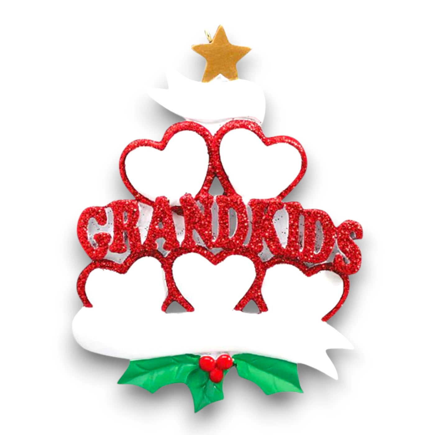 Personalized Grandkid Hearts 5 Christmas Ornament featuring five glittery red hearts, customizable with names, and “Grandkids” in bold glittery letters with holly and a golden star.