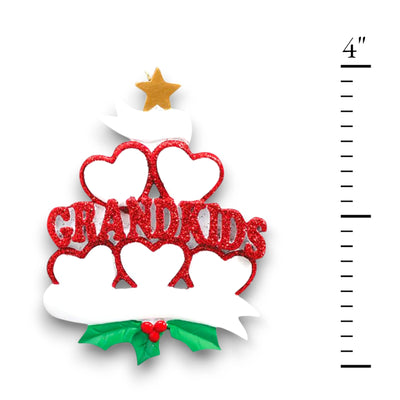 Personalized Grandkid Hearts 5 Christmas Ornament featuring five glittery red hearts, customizable with names, and “Grandkids” in bold glittery letters with holly and a golden star.