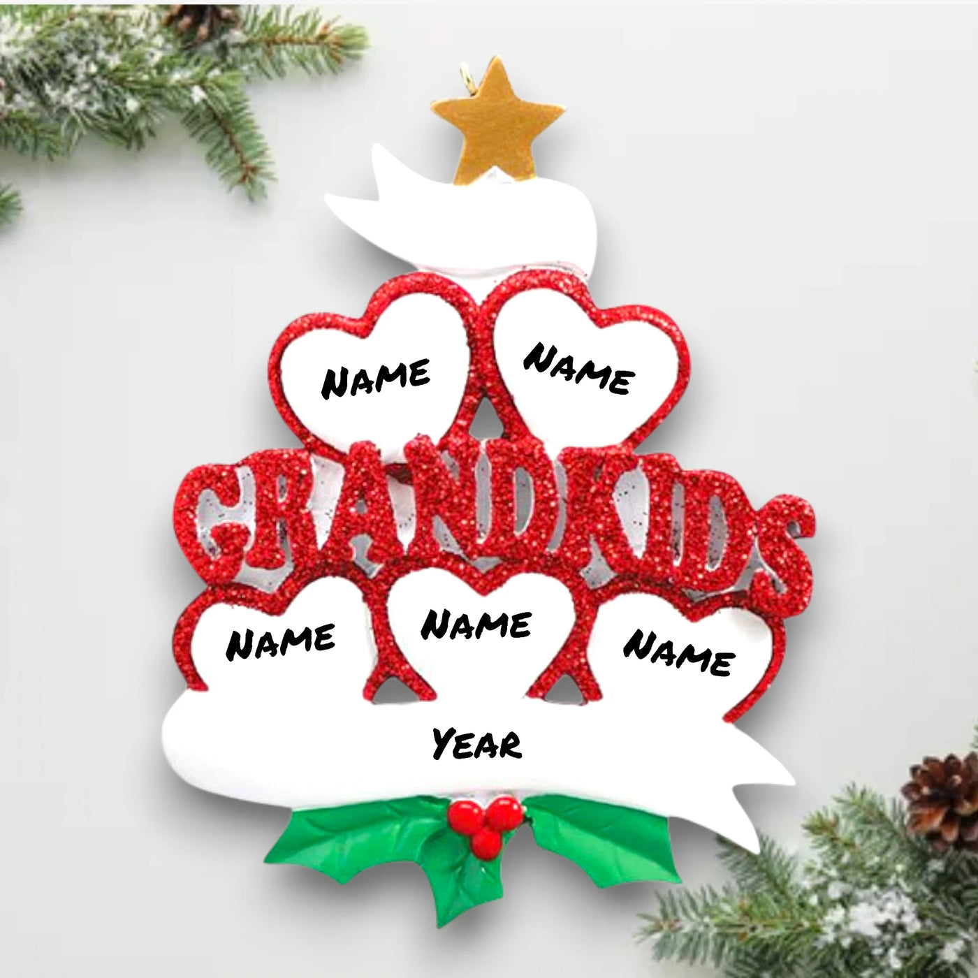 Personalized Grandkid Hearts 5 Christmas Ornament featuring five glittery red hearts, customizable with names, and “Grandkids” in bold glittery letters with holly and a golden star.