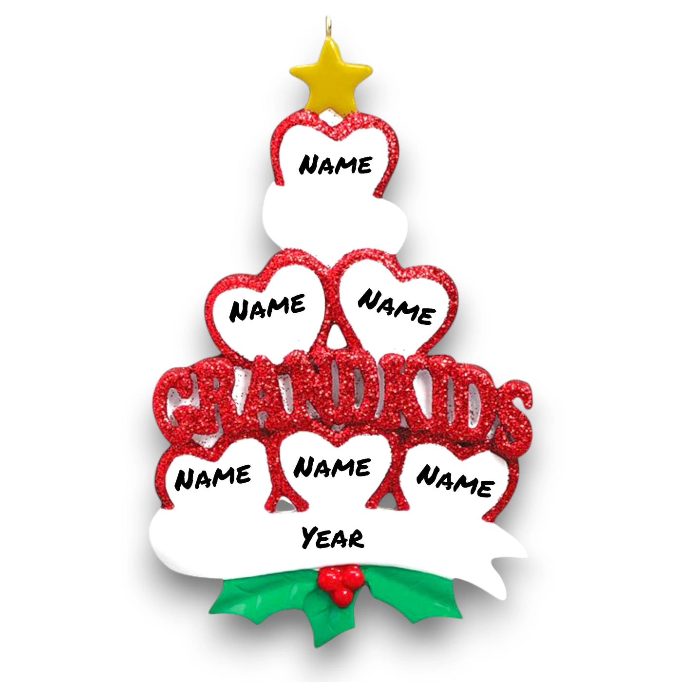 Personalized Grandkid Hearts 6 Christmas Ornament featuring six red glitter hearts with customizable names, “Grandkids” in sparkling letters, holly accents, and a gold star.