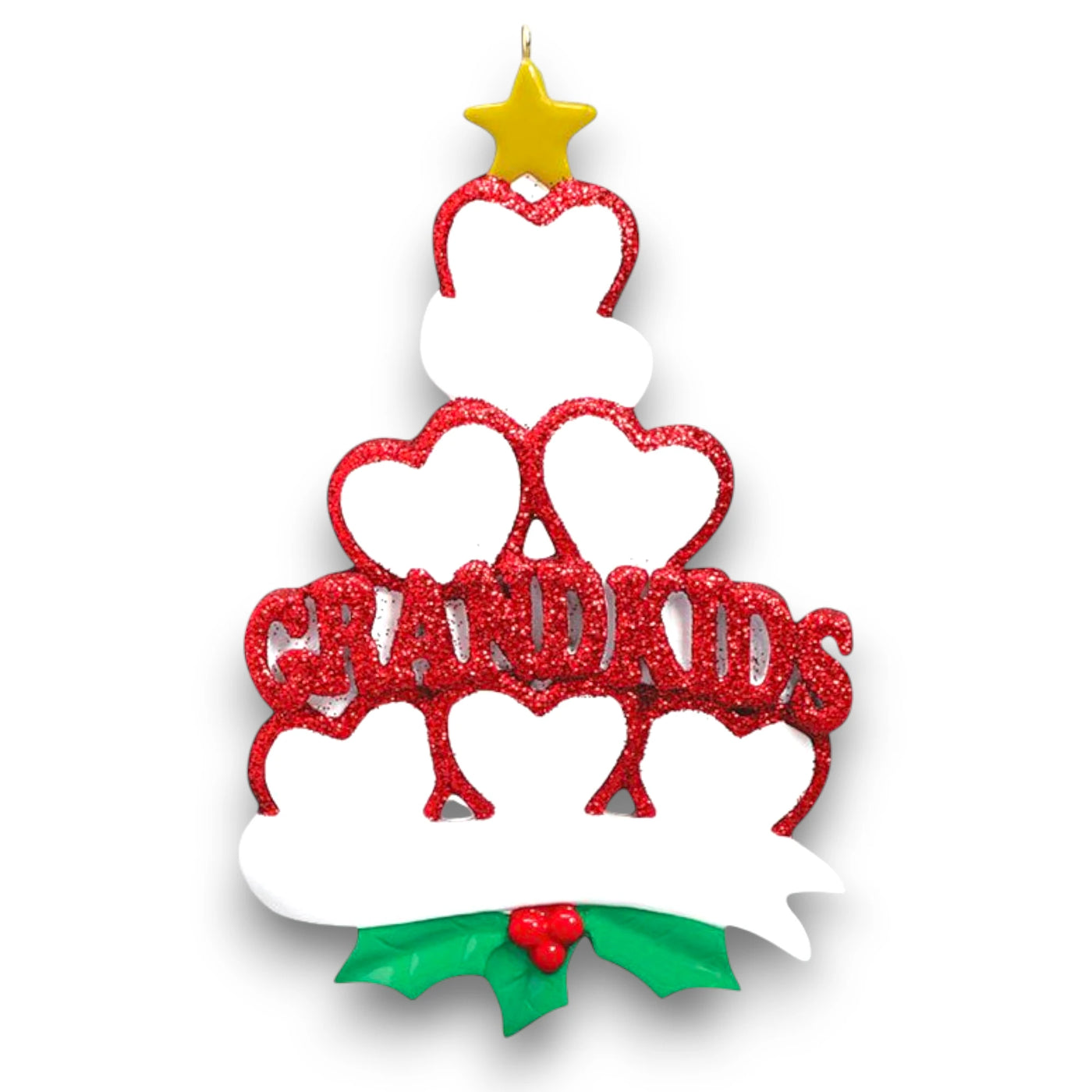 Personalized Grandkid Hearts 6 Christmas Ornament featuring six red glitter hearts with customizable names, “Grandkids” in sparkling letters, holly accents, and a gold star.