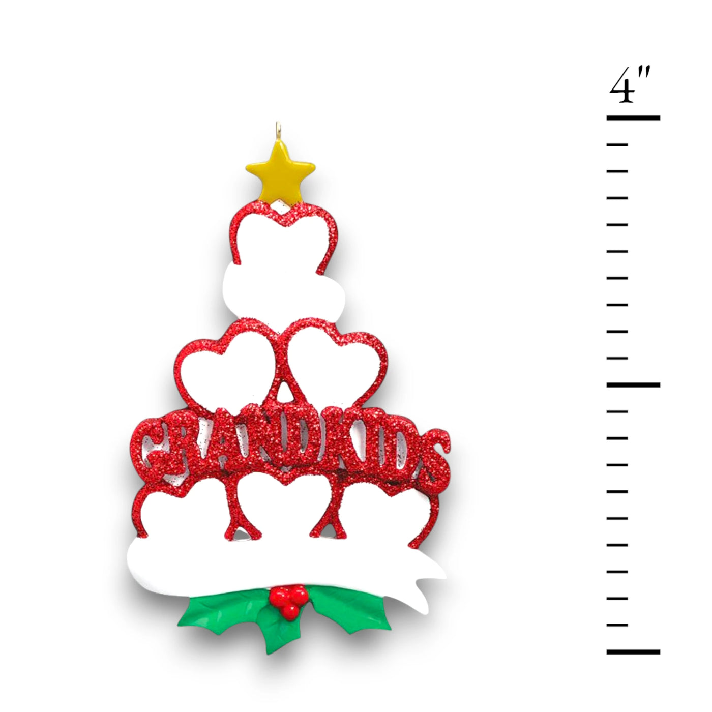 Personalized Grandkid Hearts 6 Christmas Ornament featuring six red glitter hearts with customizable names, “Grandkids” in sparkling letters, holly accents, and a gold star.