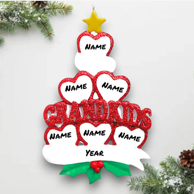 Personalized Grandkid Hearts 6 Christmas Ornament featuring six red glitter hearts with customizable names, “Grandkids” in sparkling letters, holly accents, and a gold star.