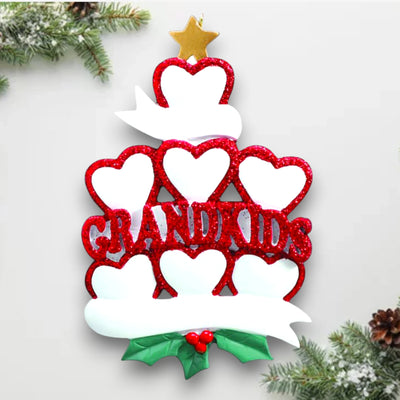 Personalized GRANDKID HEARTS 7 Christmas Ornament featuring seven red glitter hearts with customizable names and year.