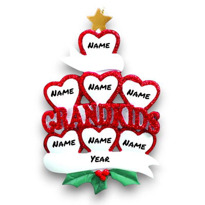 Personalized GRANDKID HEARTS 7 Christmas Ornament featuring seven red glitter hearts with customizable names and year.