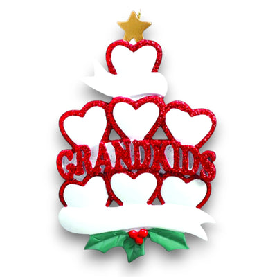 Personalized GRANDKID HEARTS 7 Christmas Ornament featuring seven red glitter hearts with customizable names and year.