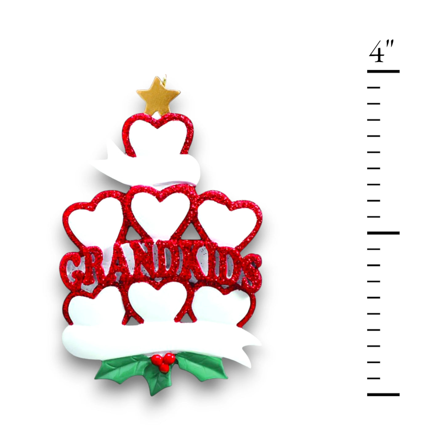 Personalized GRANDKID HEARTS 7 Christmas Ornament featuring seven red glitter hearts with customizable names and year.