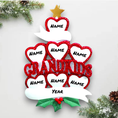 Personalized GRANDKID HEARTS 7 Christmas Ornament featuring seven red glitter hearts with customizable names and year.