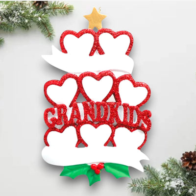 Personalized GRANDKID HEARTS 8 Christmas Ornament featuring eight red glitter hearts with customizable names and year.