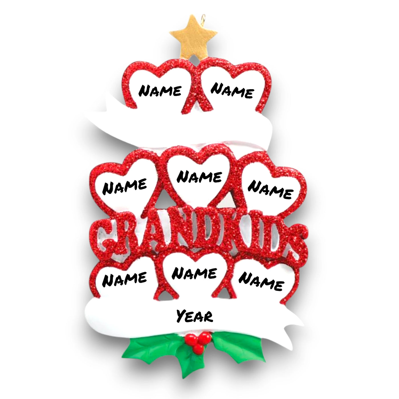 Personalized GRANDKID HEARTS 8 Christmas Ornament featuring eight red glitter hearts with customizable names and year.