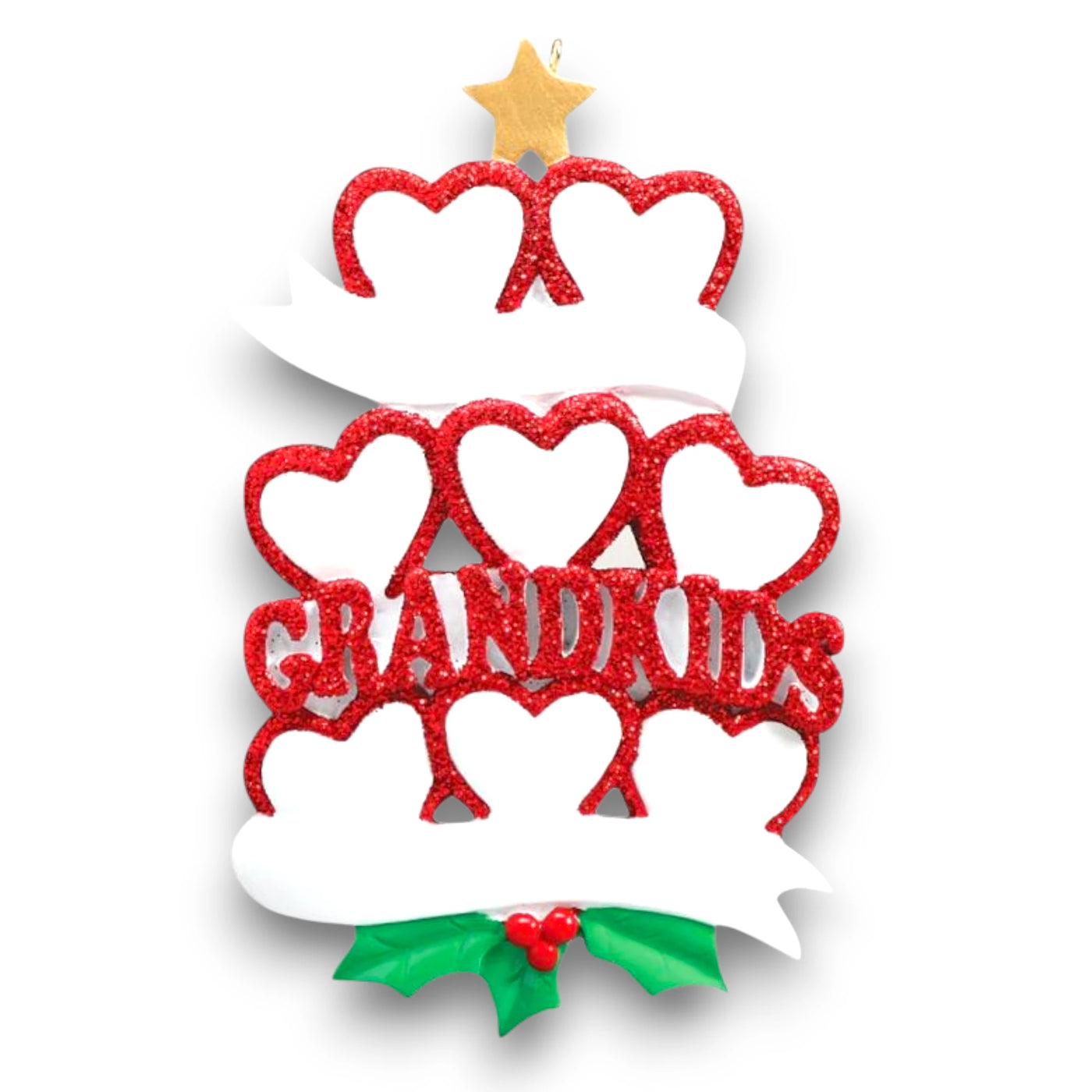 Personalized GRANDKID HEARTS 8 Christmas Ornament featuring eight red glitter hearts with customizable names and year.