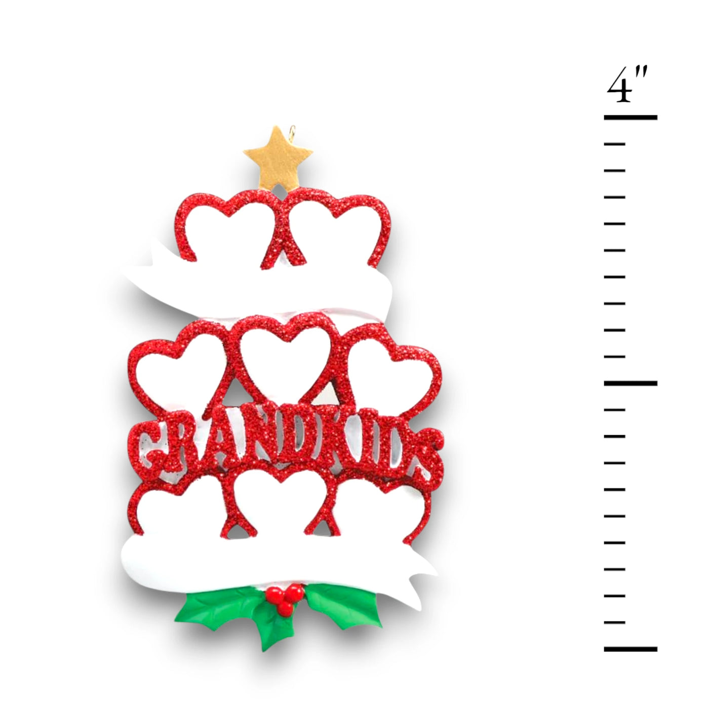 Personalized GRANDKID HEARTS 8 Christmas Ornament featuring eight red glitter hearts with customizable names and year.