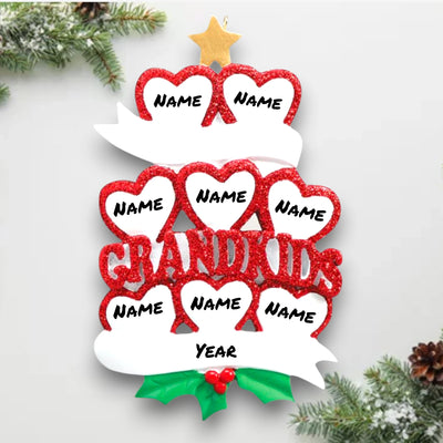 Personalized GRANDKID HEARTS 8 Christmas Ornament featuring eight red glitter hearts with customizable names and year.