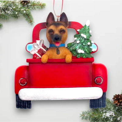 Personalized German Shepherd In Back Of Truck Christmas Ornament featuring a German Shepherd, Christmas tree, and holiday presents in a festive red truck with customizable name and year.
