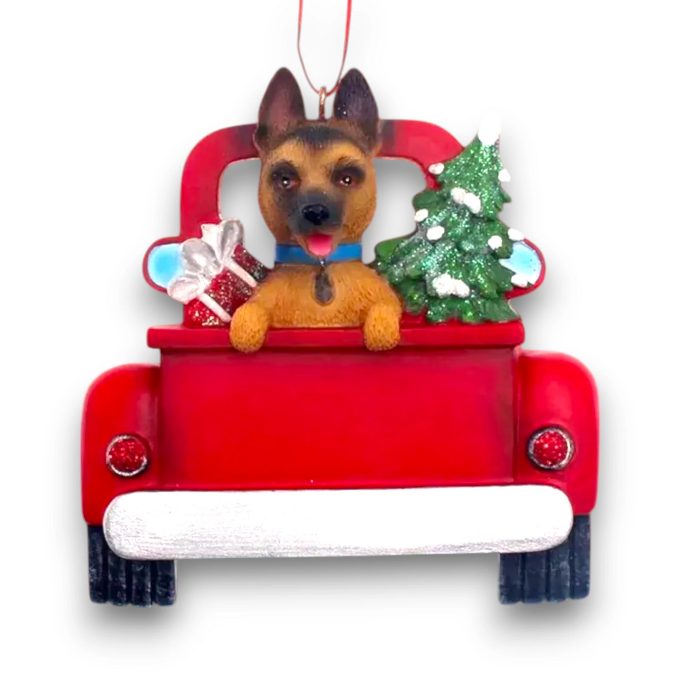 Personalized German Shepherd In Back Of Truck Christmas Ornament featuring a German Shepherd, Christmas tree, and holiday presents in a festive red truck with customizable name and year.
