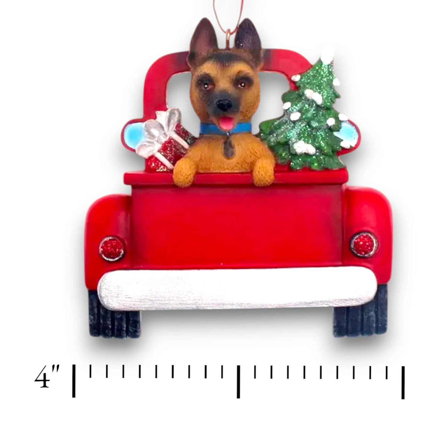 Personalized German Shepherd In Back Of Truck Christmas Ornament featuring a German Shepherd, Christmas tree, and holiday presents in a festive red truck with customizable name and year.
