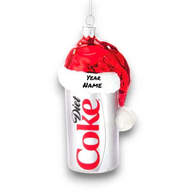 Personalized Diet Coke Can With Santa Hat Christmas Ornament featuring a Diet Coke can topped with a festive red Santa hat.
