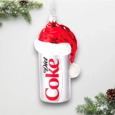 Personalized Diet Coke Can With Santa Hat Christmas Ornament featuring a Diet Coke can topped with a festive red Santa hat.
