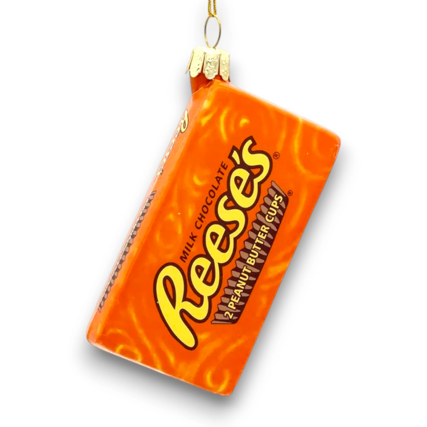 Personalized Glass Reese's Chocolate Christmas Ornament resembling the iconic orange wrapper with bold lettering.

