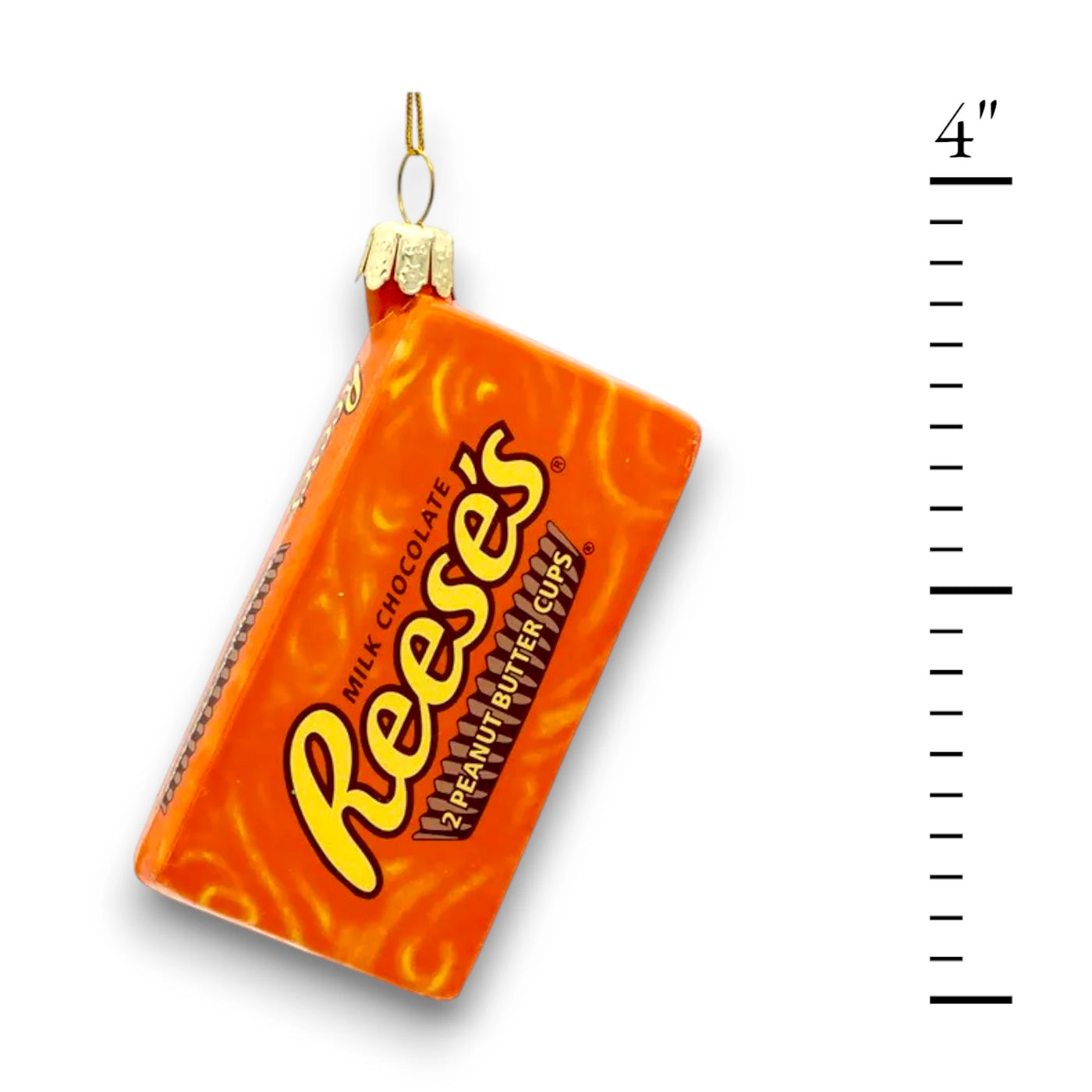 Personalized Glass Reese's Chocolate Christmas Ornament resembling the iconic orange wrapper with bold lettering.

